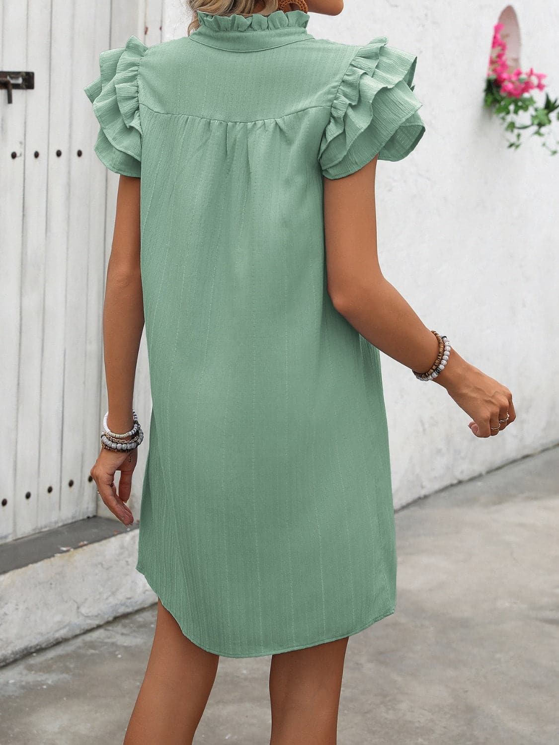 Ruffled Notched Cap Sleeve Mini Dress.