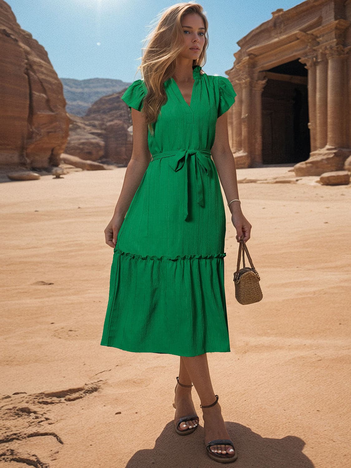 Tied Notched Cap Sleeve Dress.