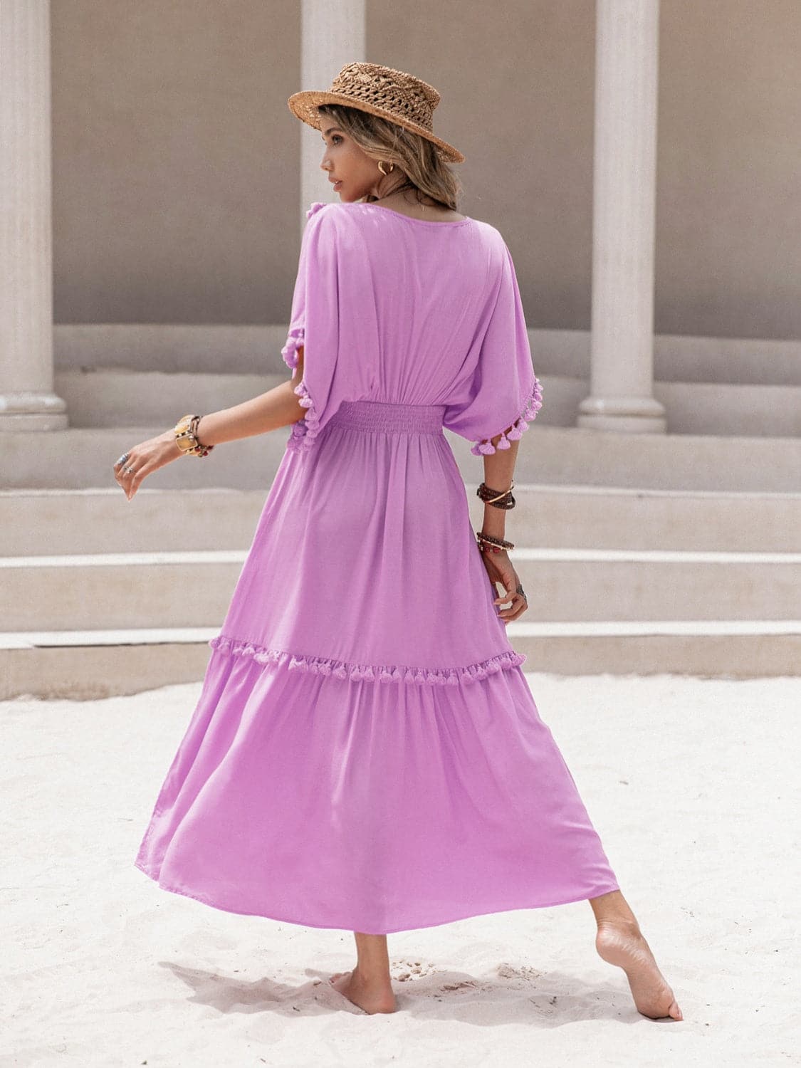 Tassel Trim Smocked V-Neck Short Sleeve Dress.