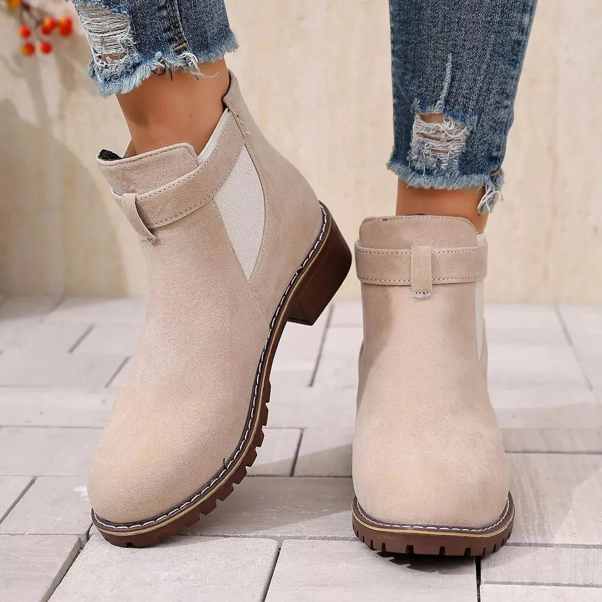 Women Round Toe Block Heel Ankle Boots Buckle Strap PU Leather Black Simply Love