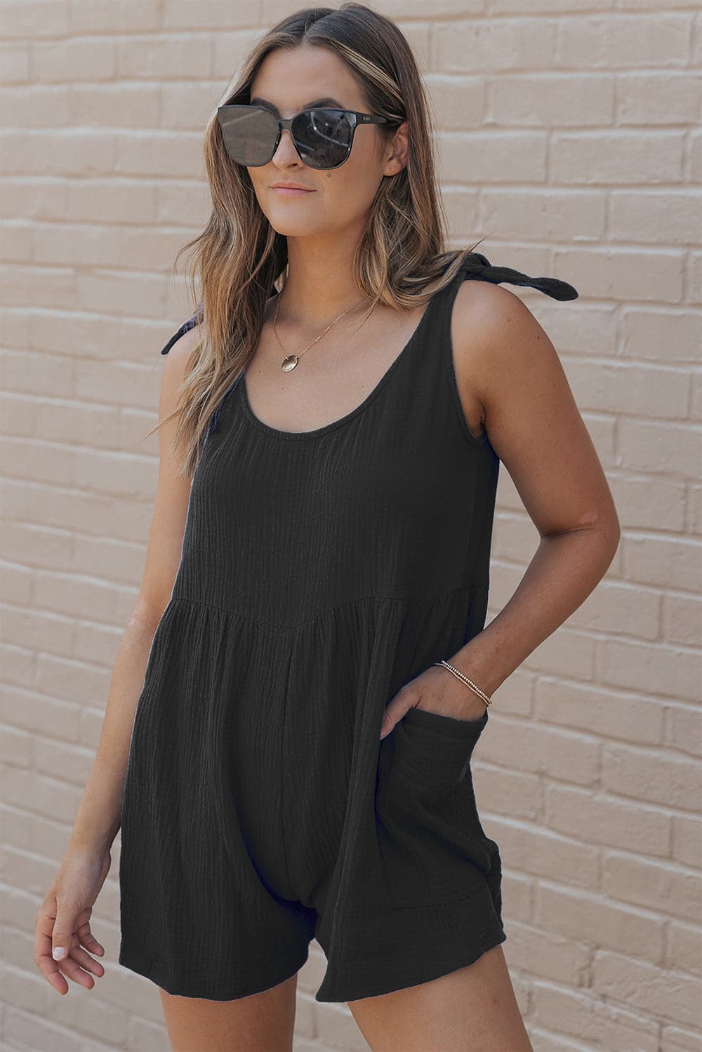 Scoop Neck Tie Shoulder Romper.