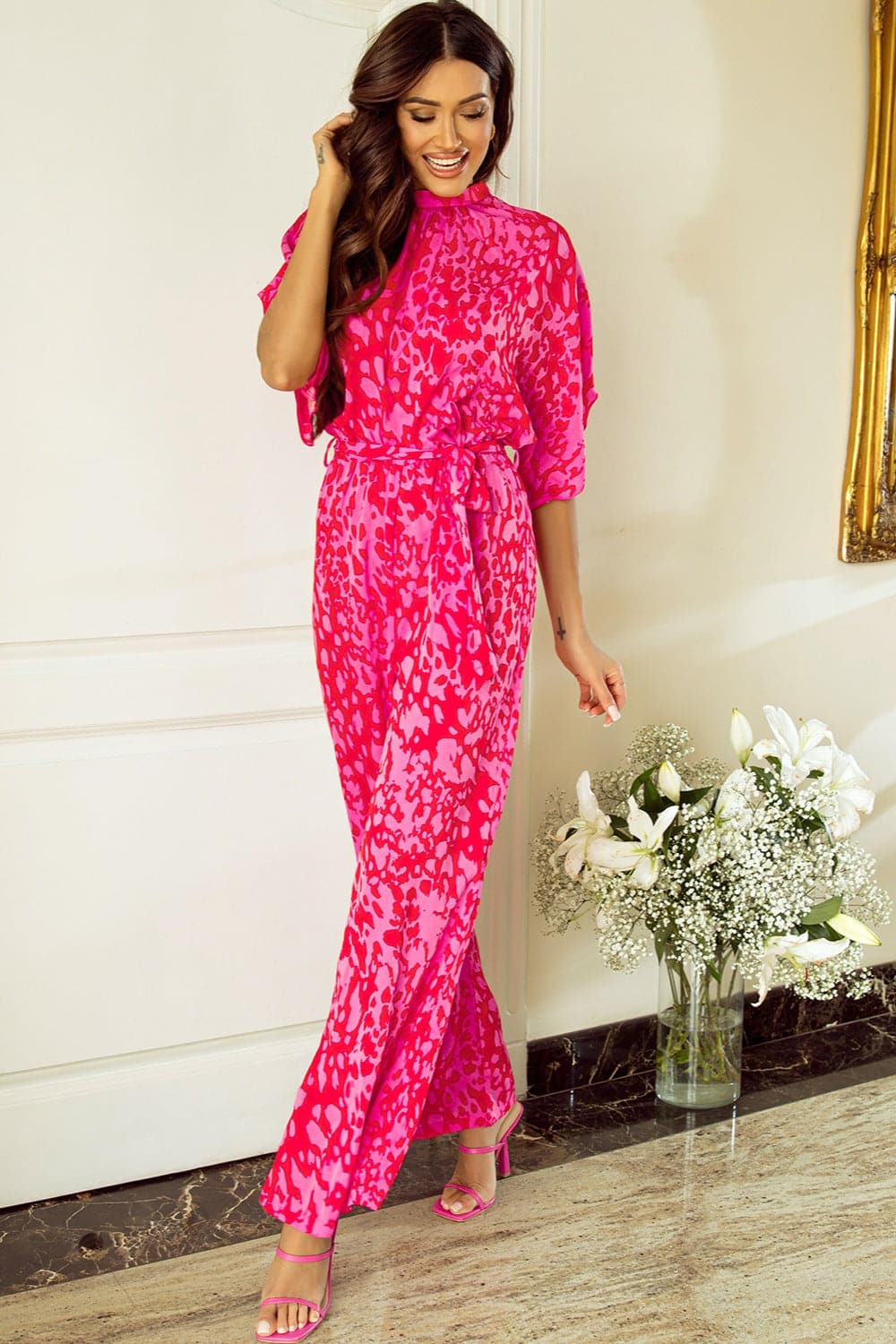 Printed Mock Neck Kimono Sleeve Jumpsuit.