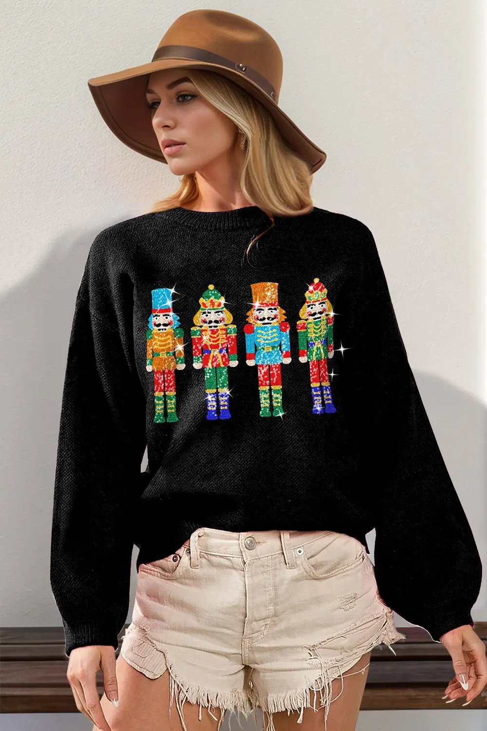 Double Take Full Size Sequin Nutcracker Long Sleeve Sweater - Love Salve