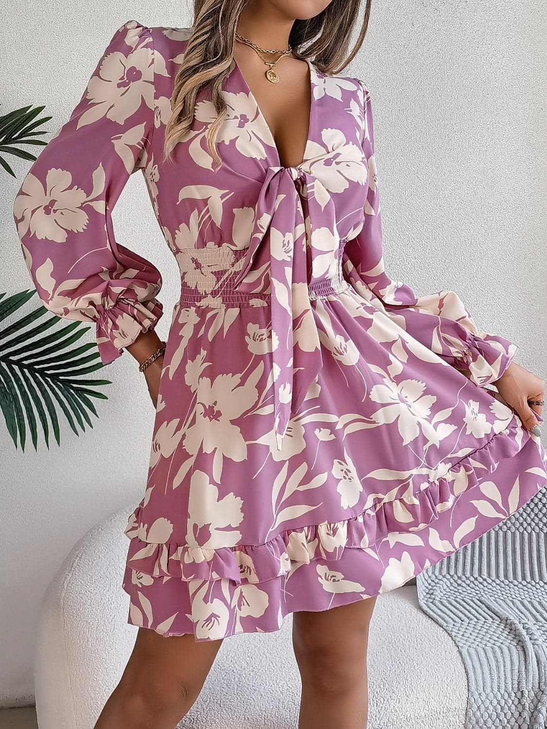 Tied Ruffled Printed Long Sleeve Dress.