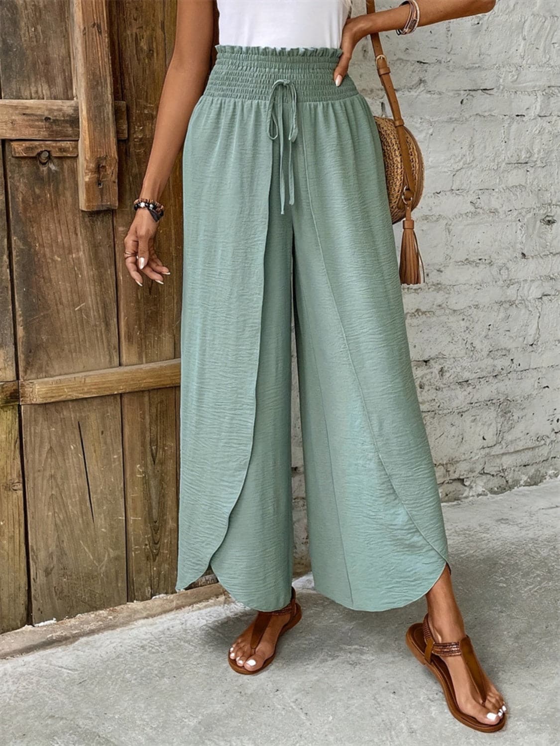 Tied high-waisted wide-leg trousers