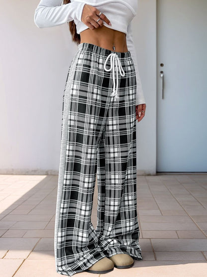 Plaid Wide Leg Drawstring Trousers by Perfee