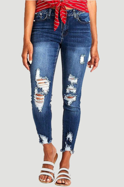 Distressed Raw Hem Jeans with Pockets.