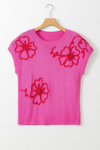 Crochet Flower Round Neck Cap Sleeve Sweater.