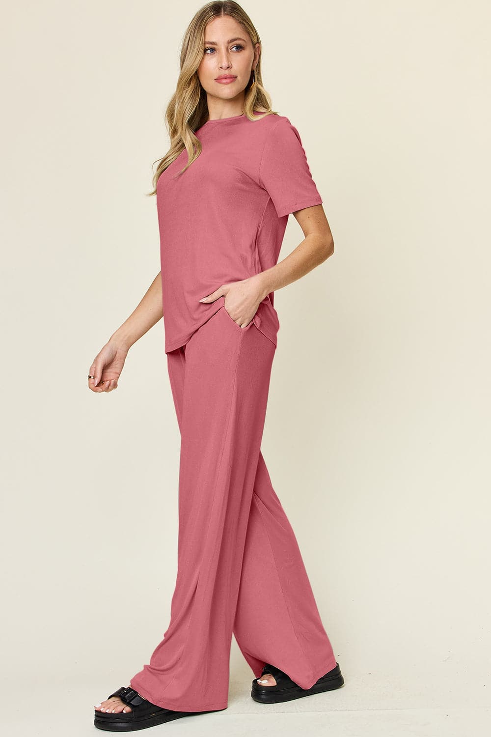 Double Take Full Size Round Neck Short Sleeve T-Shirt and Wide Leg Pants Set.