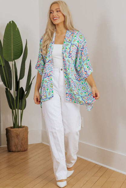 White Bohemian Floral Rhinestone Embellished Kimono with 3/4 Sleeves