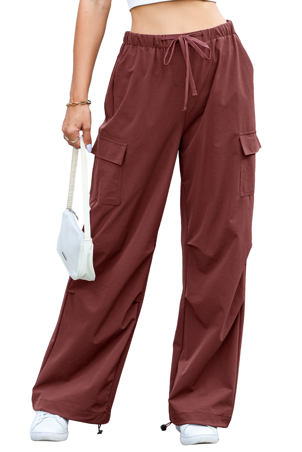 Chic mineral red wide-leg cargo pants with drawstring waist