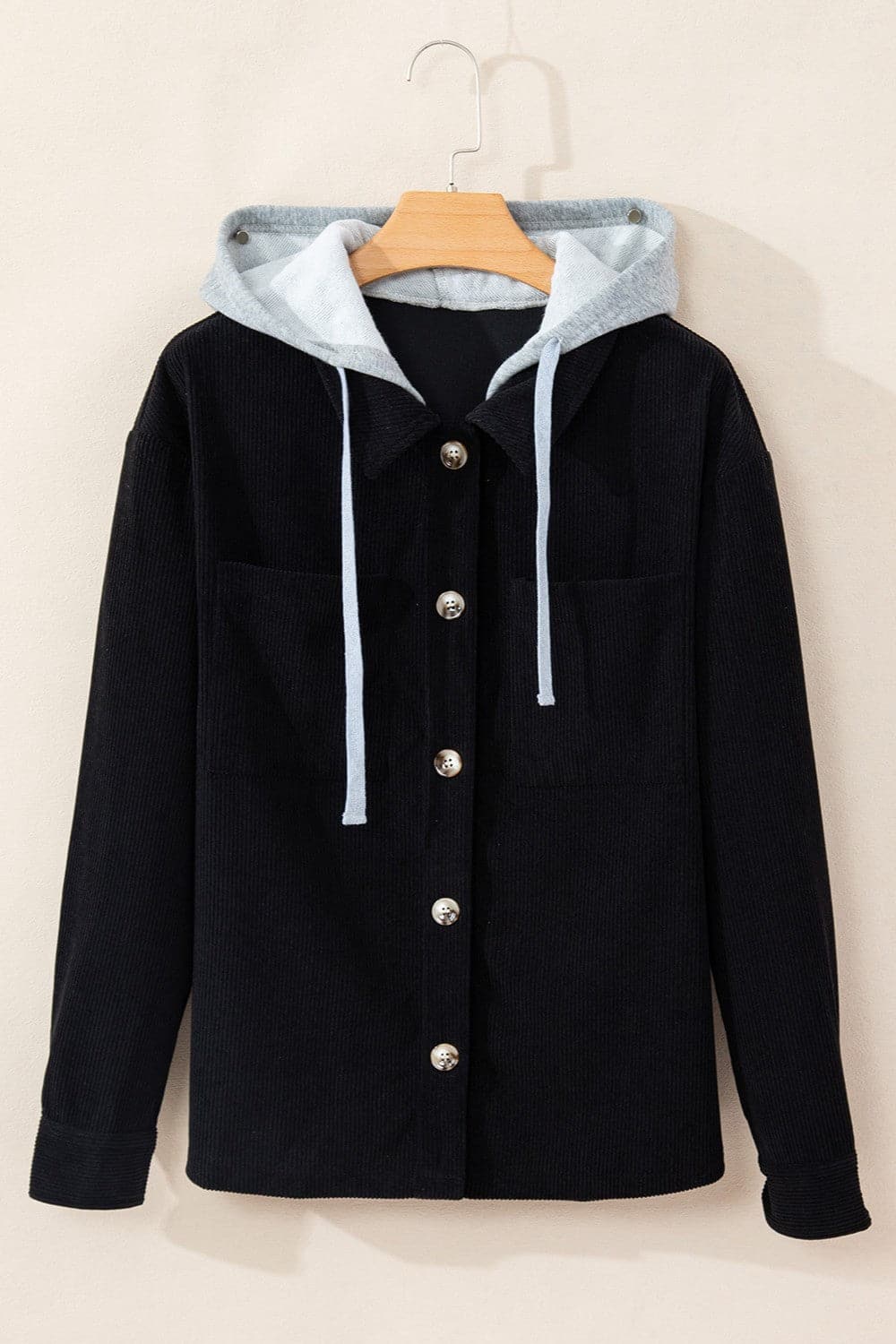 Drawstring Button Up Long Sleeve Hooded Jacket.