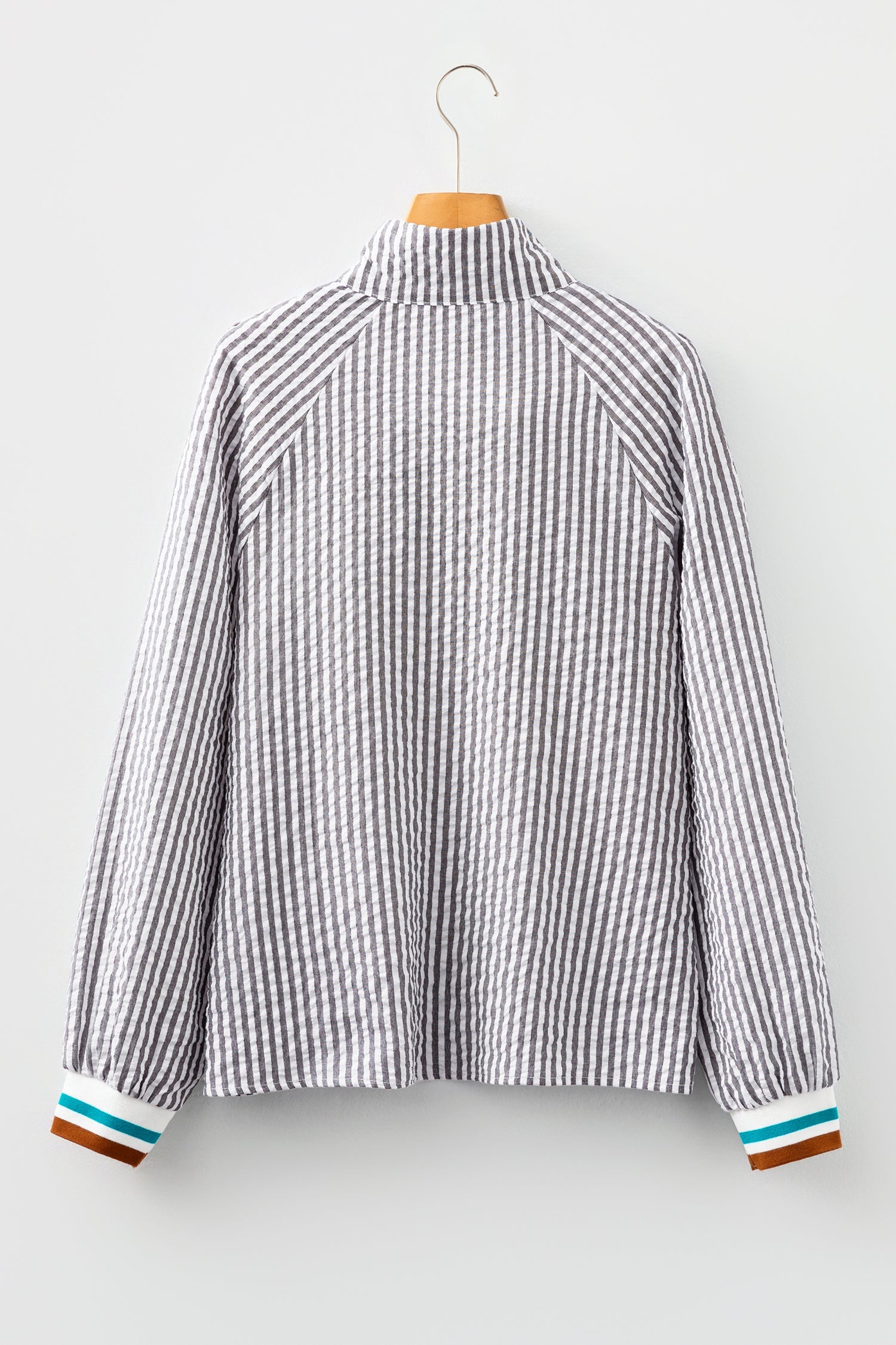 Dark Grey Striped Patchwork Split Neck Blouse With Contrast Detail Dear-Lover Dropshipping