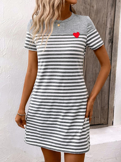 Striped Round Neck Short Sleeve Mini Dress.