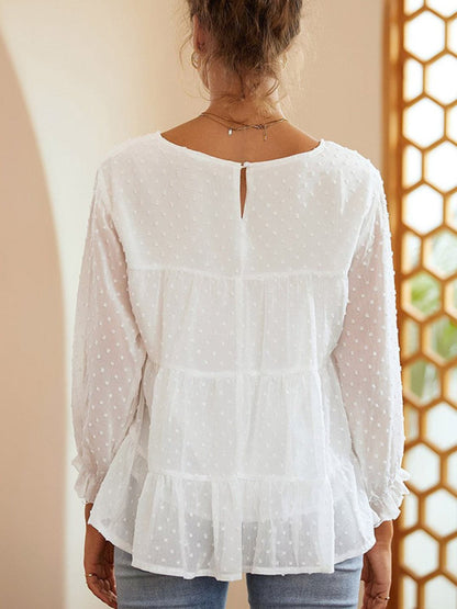 Full Size Swiss Dot Ruffled Round Neck Long Sleeve Blouse.