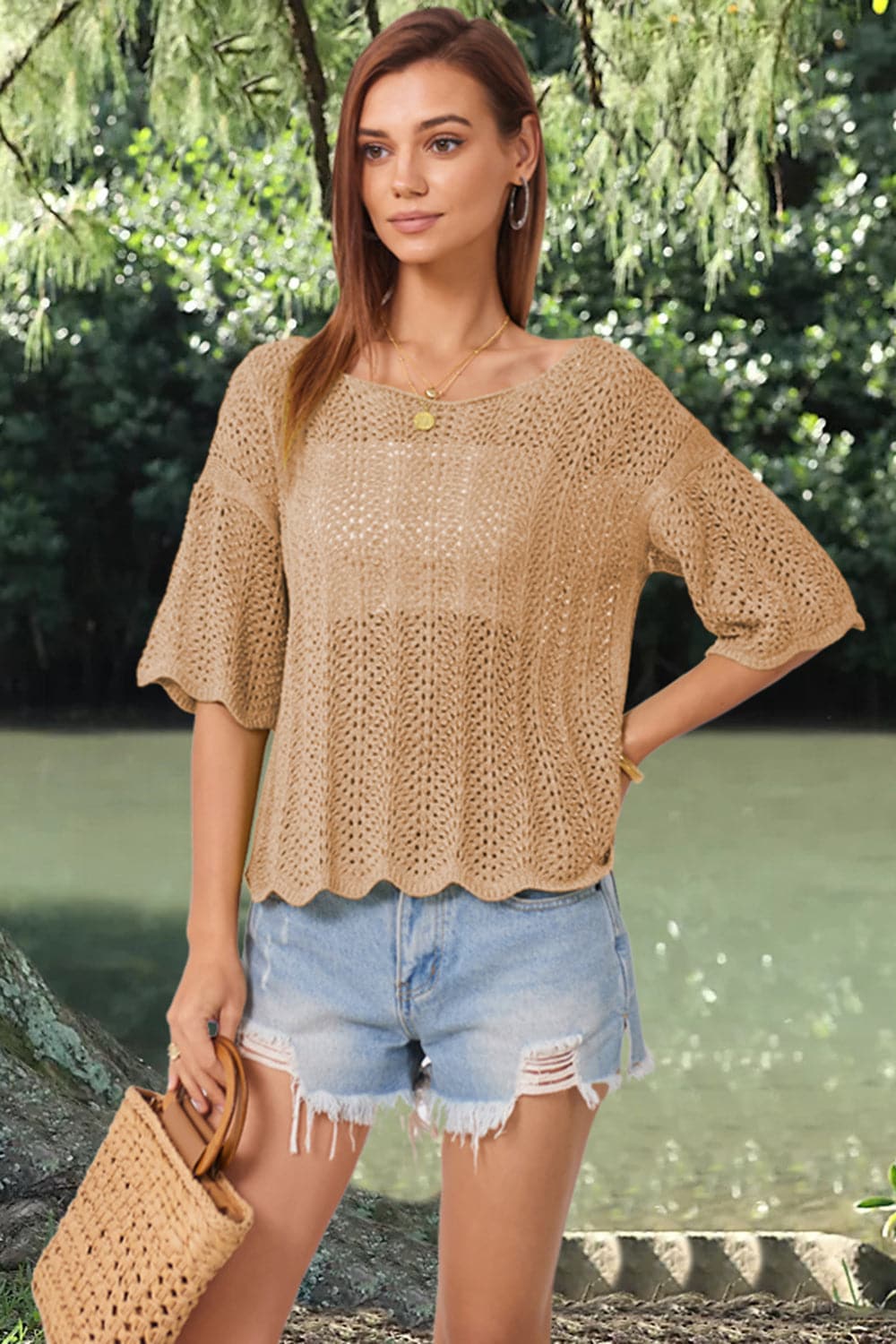 Openwork Round Neck Half Sleeve Knit Top.