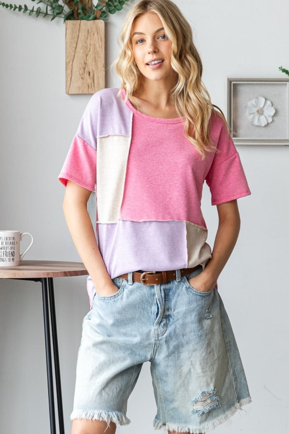 HOPELY Full Size Color Block Exposed Seam T-Shirt.