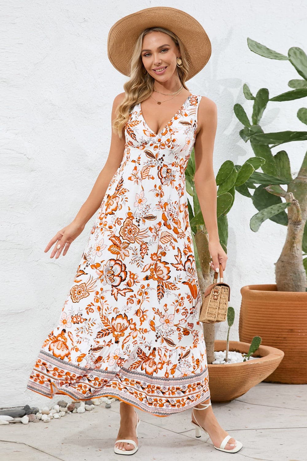 Printed V-Neck Wide Strap Dress.