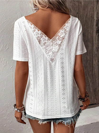 Lace Detail Eyelet Short Sleeve Blouse.