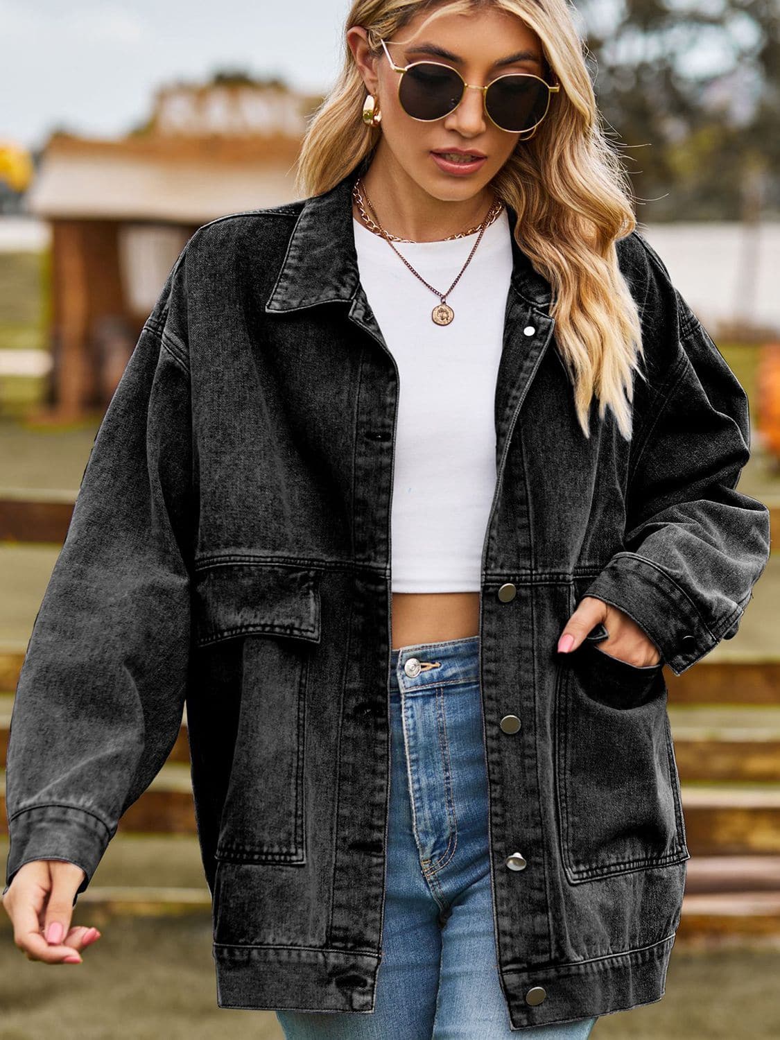 Dropped Shoulder Denim Jacket with Pockets.