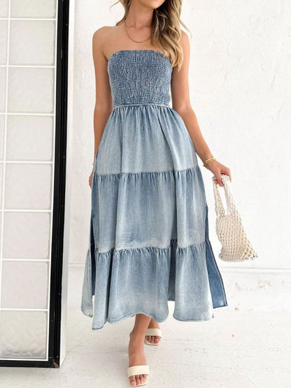 Slit Smocked Tube Tiered Denim Dress.