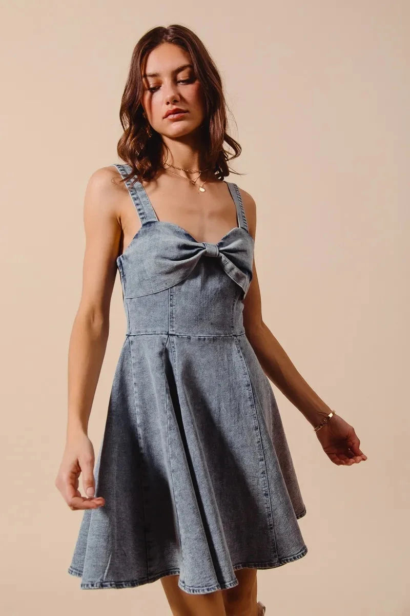 SO ME Mineral Washed Bow Ribbon Denim Flare Dress Coco’s Tee Boutique