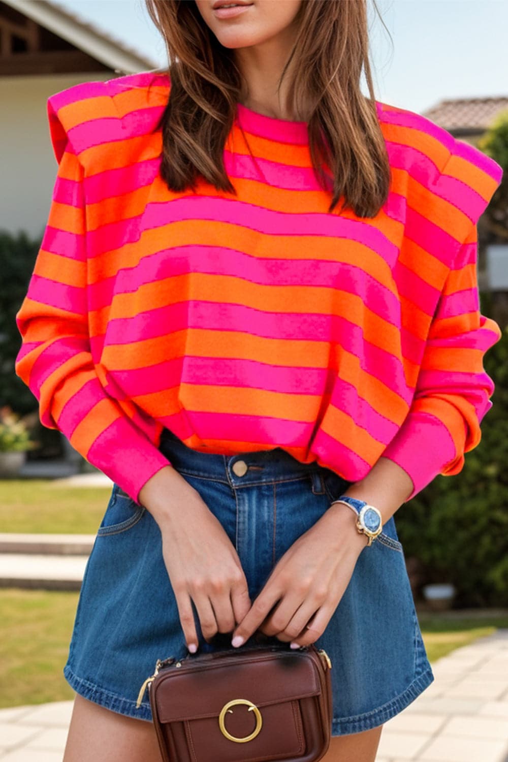 Striped Round Neck Long Sleeve Knit Top.