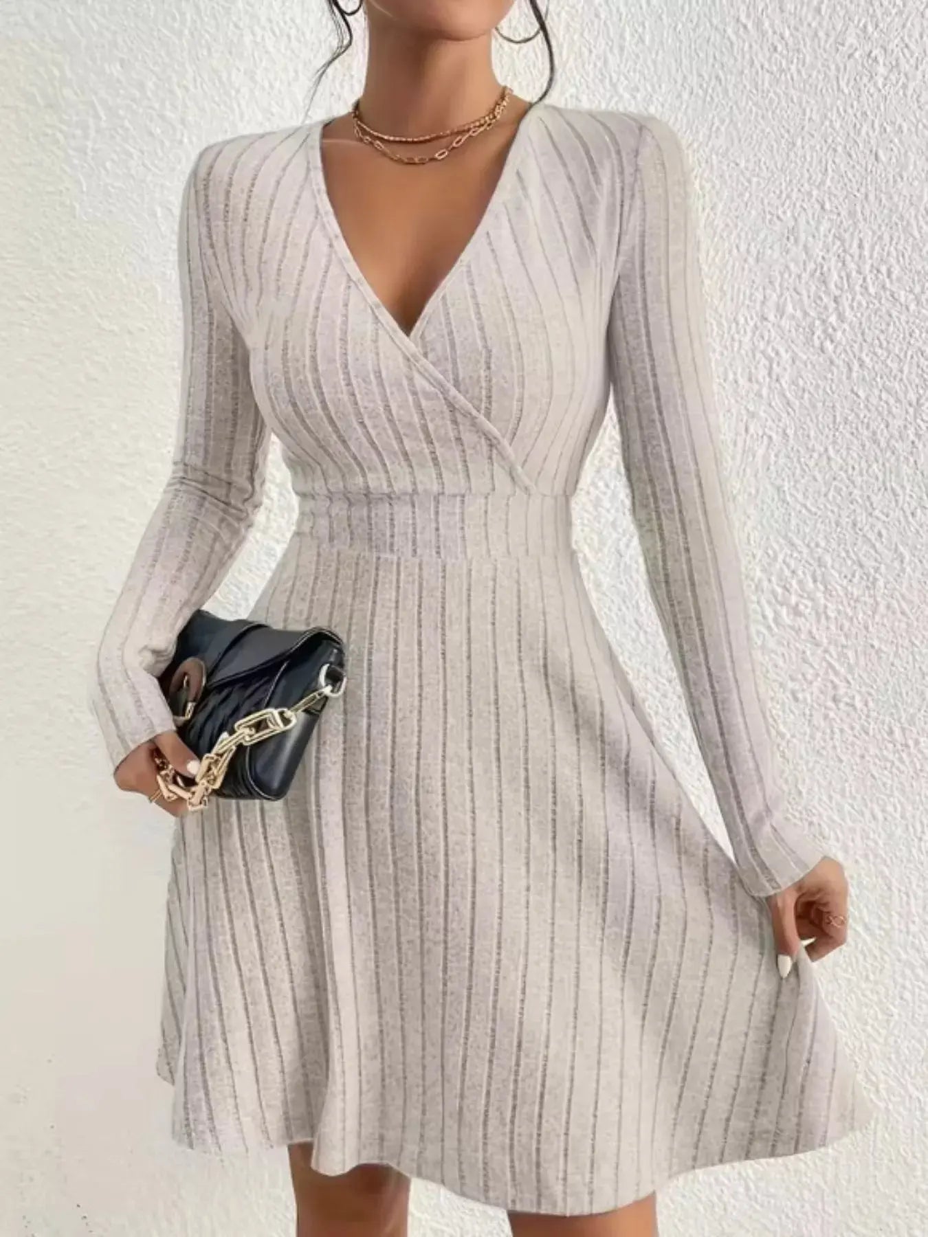 Ribbed Knit Wrap Mini Dress With V Neck Long Sleeves Polyester Slightly Stretchy Simply Love