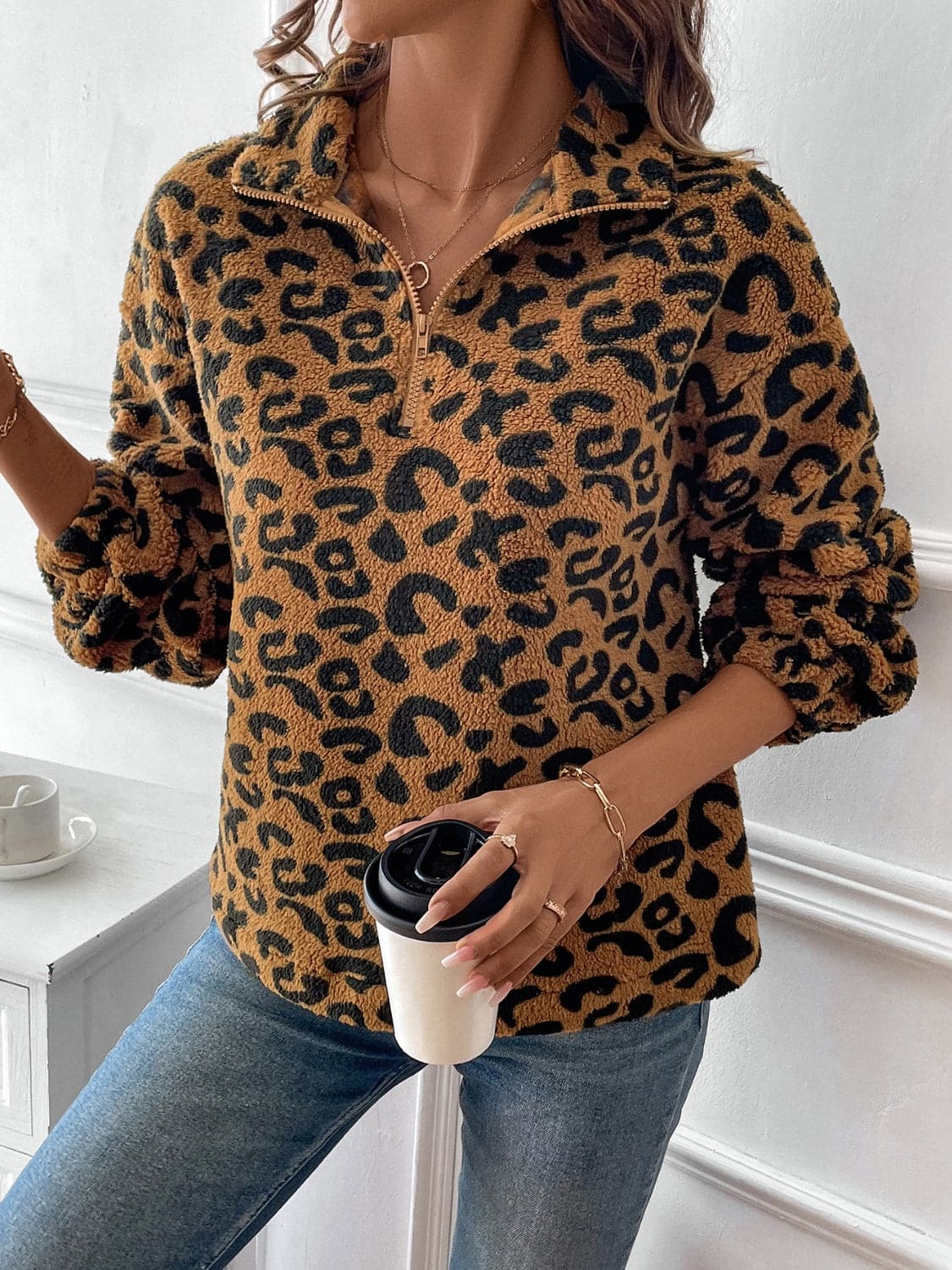 Leopard print zip-up long sleeve sweatshirt