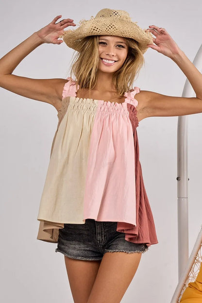 BiBi Frill Shoulder Strap Color Block Bodice Top - Love Salve 