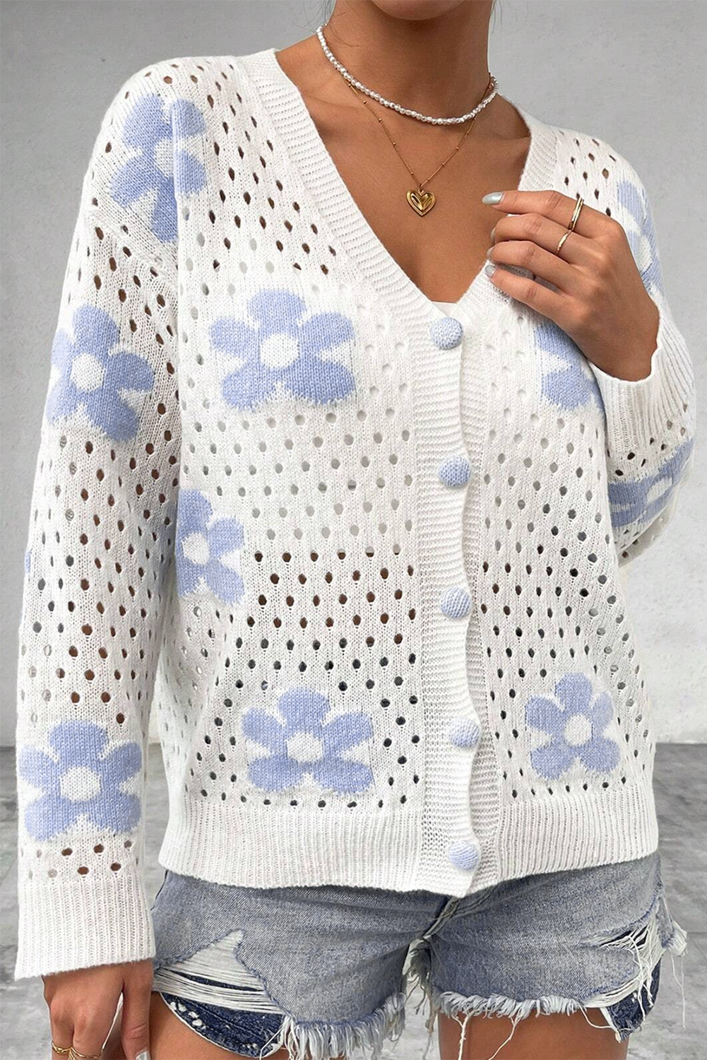 Floral Open Knit Short Cardigan in White