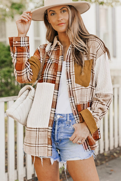 Vibrant orange plaid patchwork shirt jacket with practical pockets