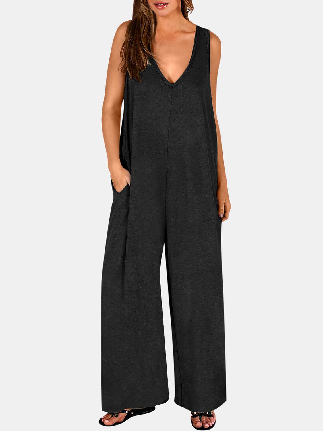 Full Size V-Neck Wide Strap Jumpsuit.