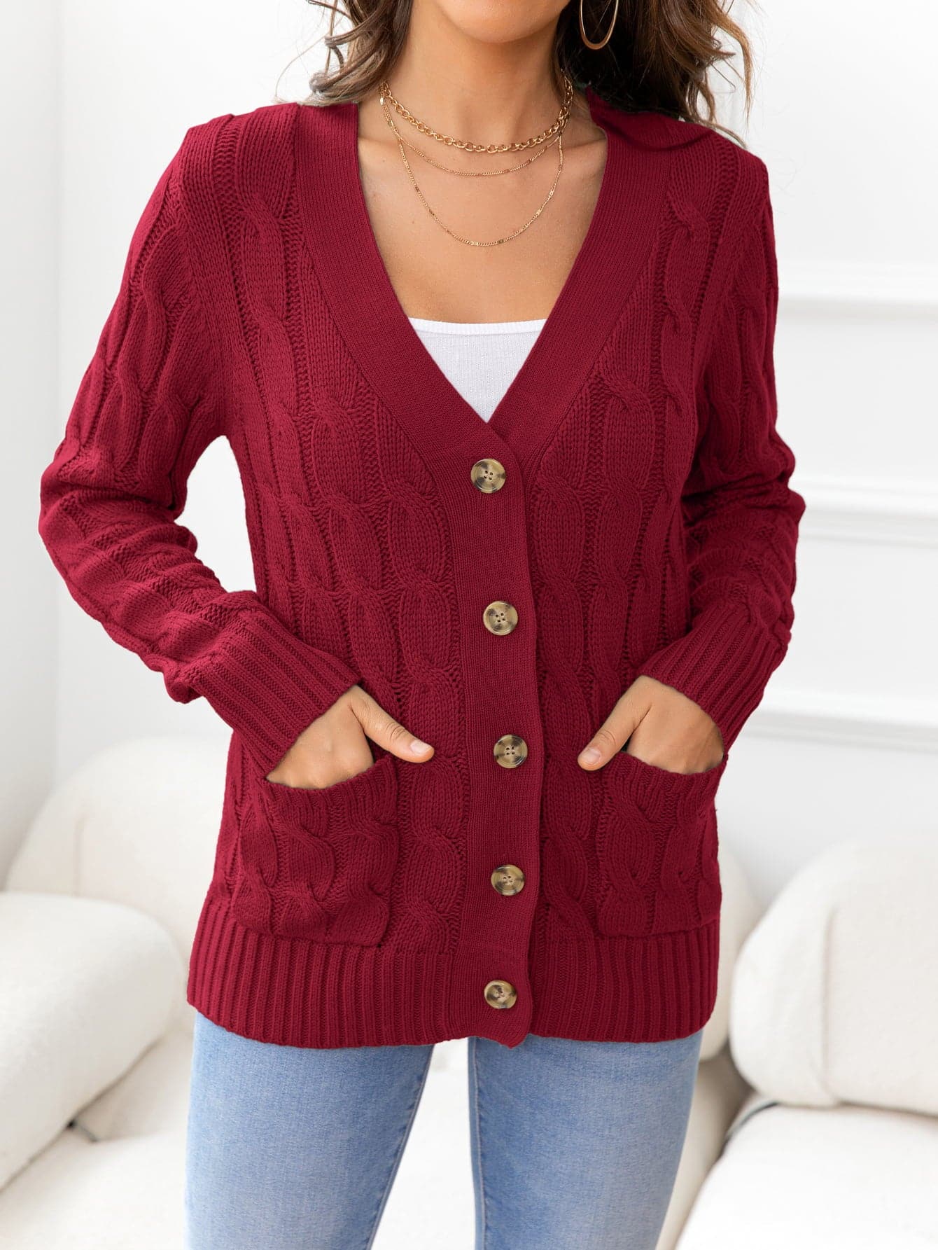 Button Down Cable-Knit Cardigan.