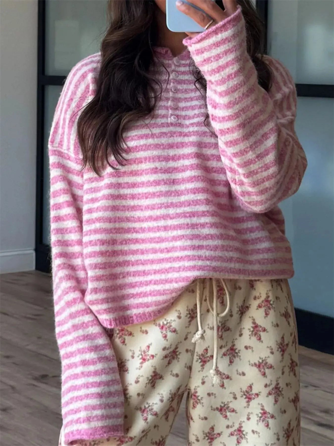Button Detail Dropped Shoulder Striped Sweater Simply Love