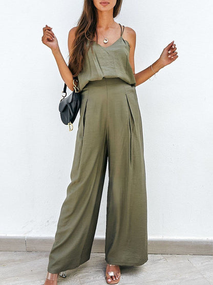 Spaghetti Strap Cami and Wide Leg Pants Set.