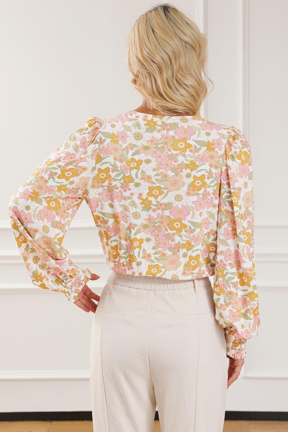 Floral Surplice Lantern Sleeve Bodysuit.