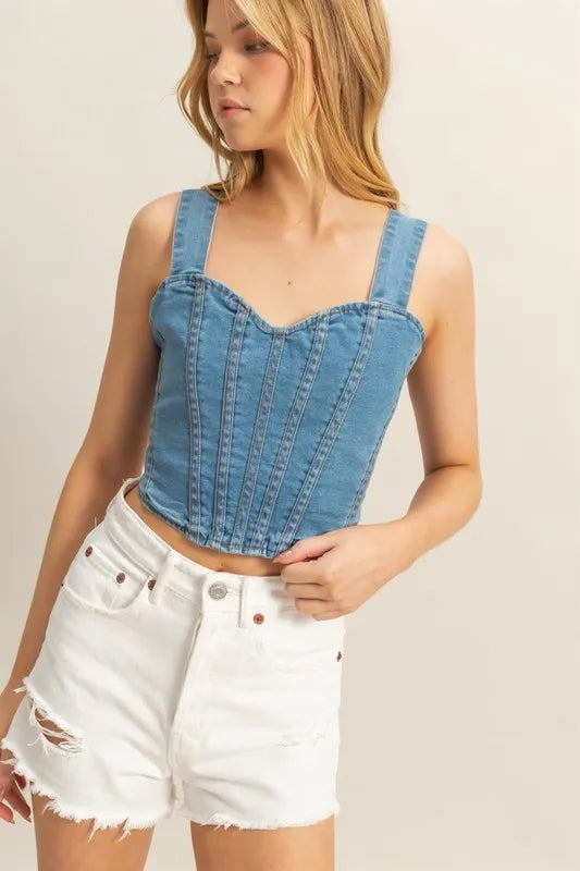 Hyfve Washed Sweetheart Neck Wide Strap Denim Tank Top - Love Salve 