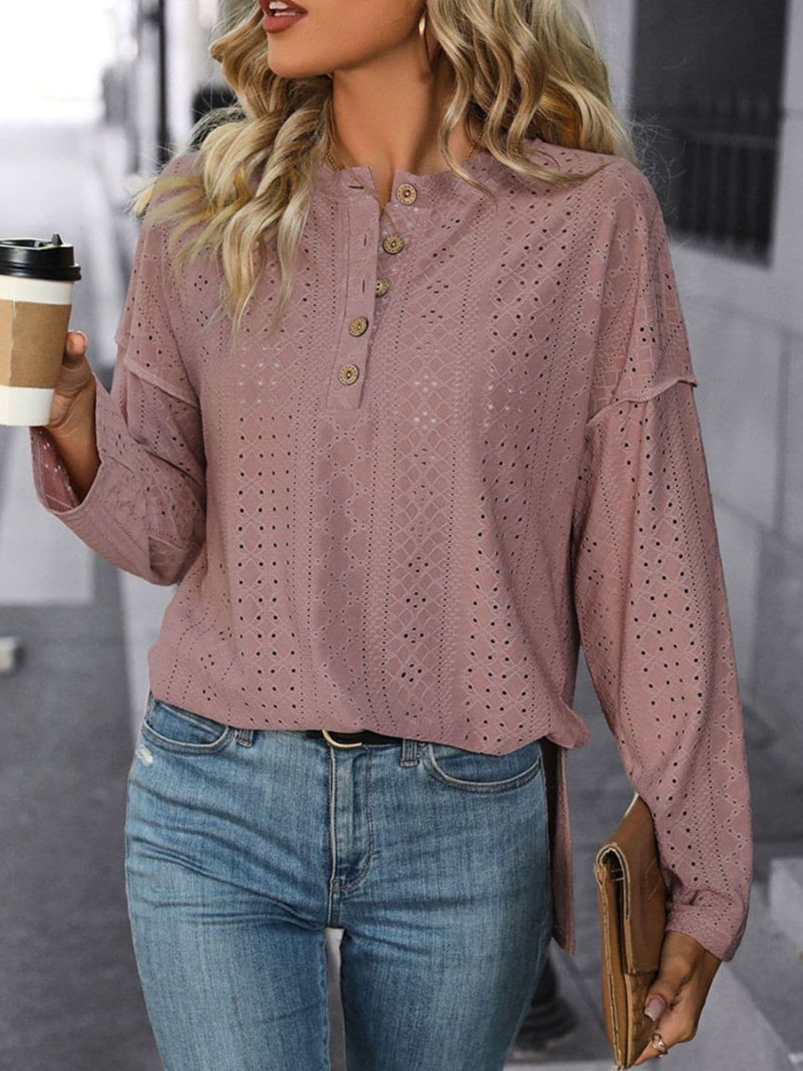 Eyelet Round Neck Long Sleeve Top.