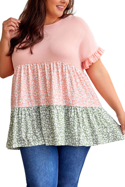 Chic pink ruffled leopard splicing flowy plus size top