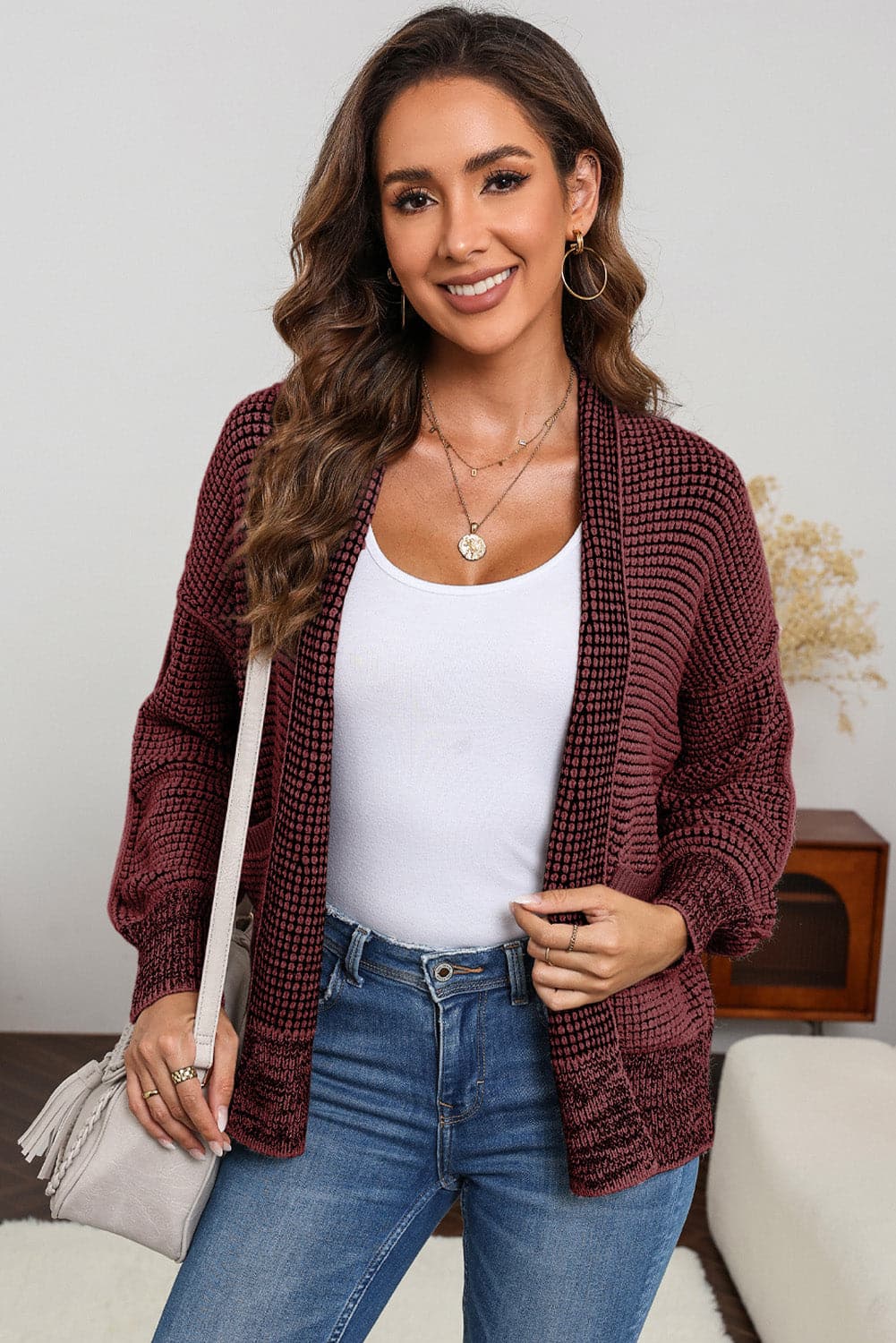 Waffle-knit Pocketed Open Front Cardigan.