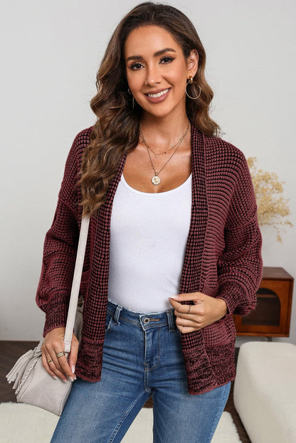 Waffle-knit Pocketed Open Front Cardigan.