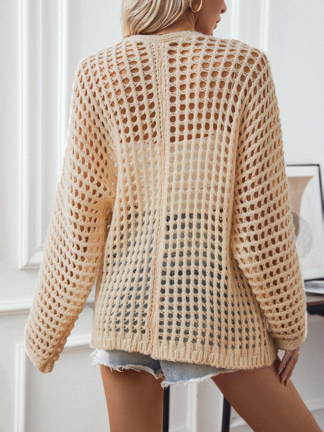 Openwork Open Front Long Sleeve Cardigan.