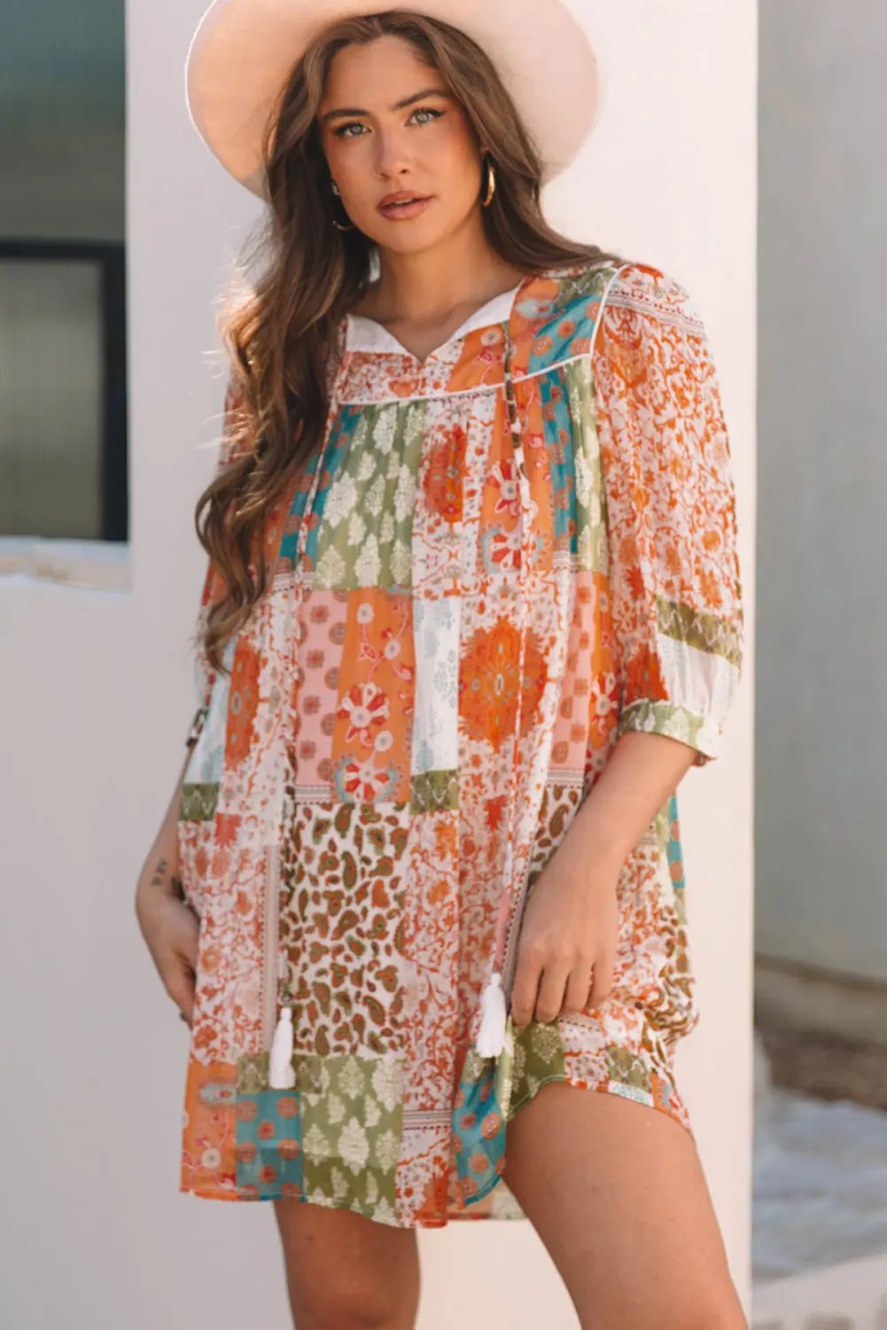 Orange Boho Paisley Mixed Print 3/4 Sleeve Chiffon Loose Dress - Love Salve 