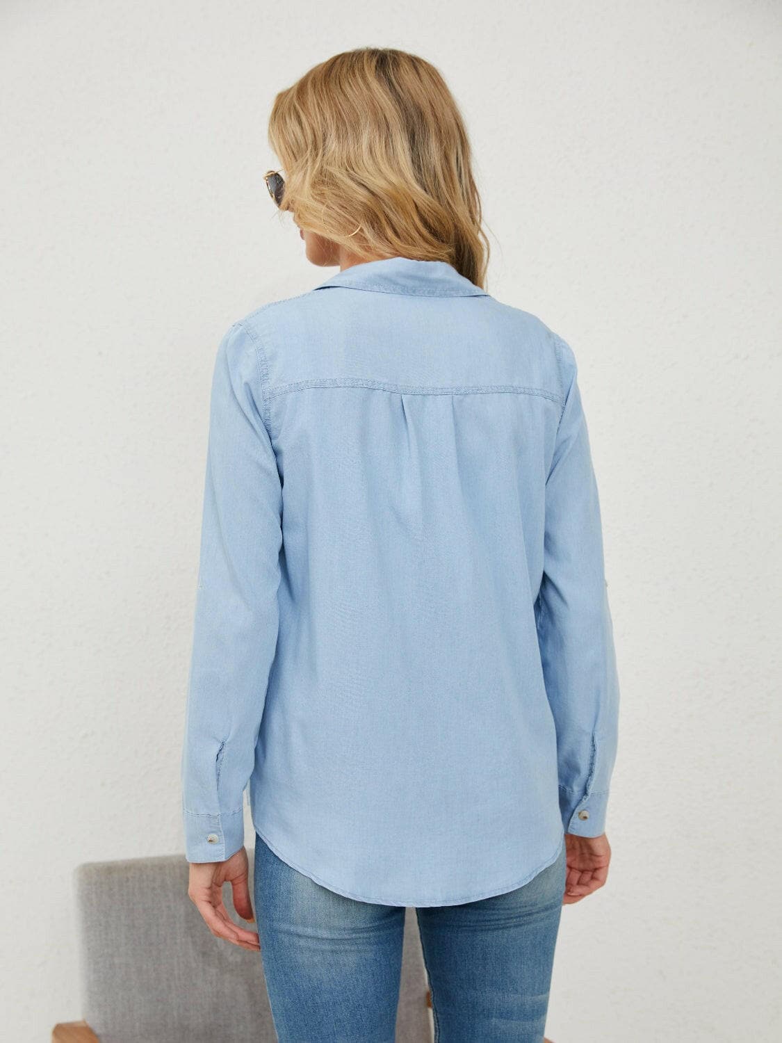 Denim Long Sleeve Shirt with Button-Up Pockets.