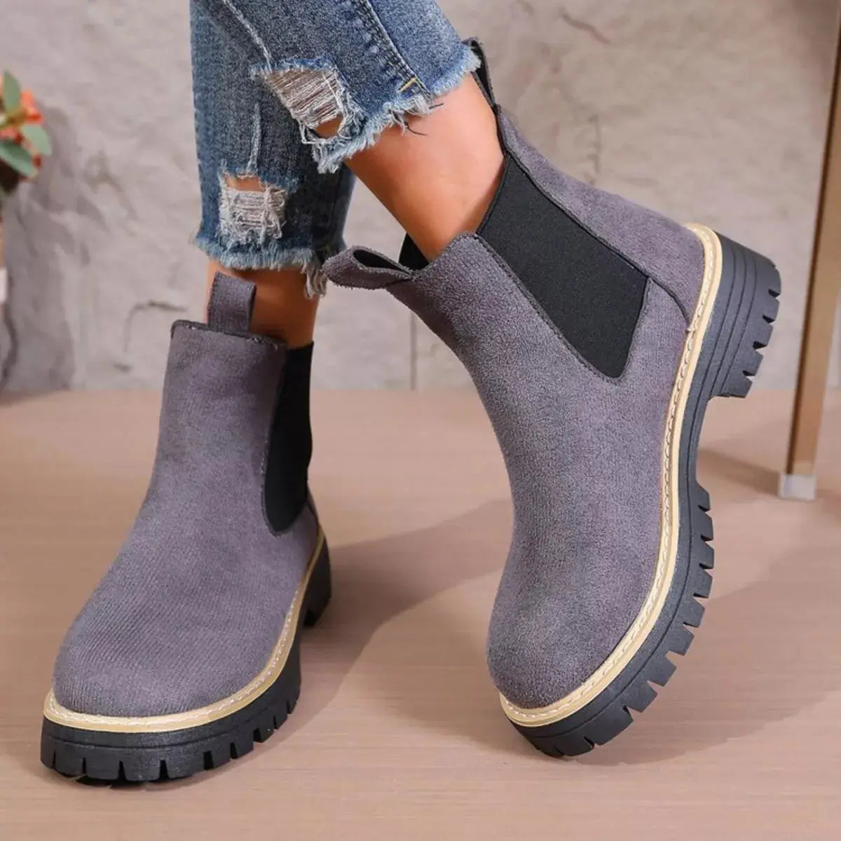 Black Round Toe Platform Chelsea Boots Mid Heel With Chunky Lug Sole Simply Love