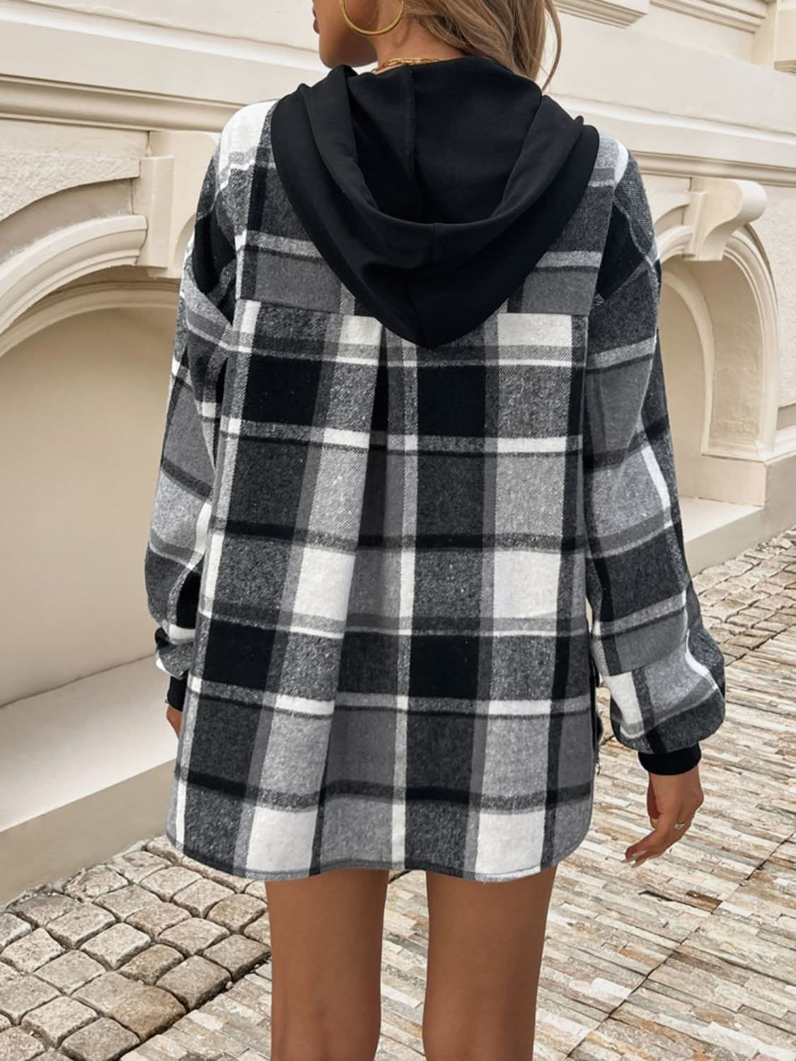 Devine Drawstring Plaid Long Sleeve Hoodie