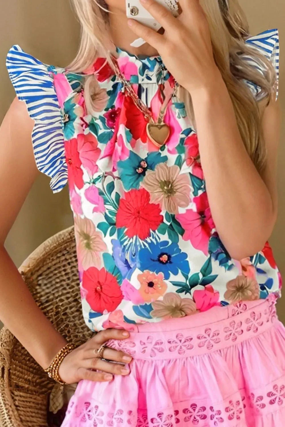 Floral Mock Neck Striped Cap Sleeve Blouse Simply Love