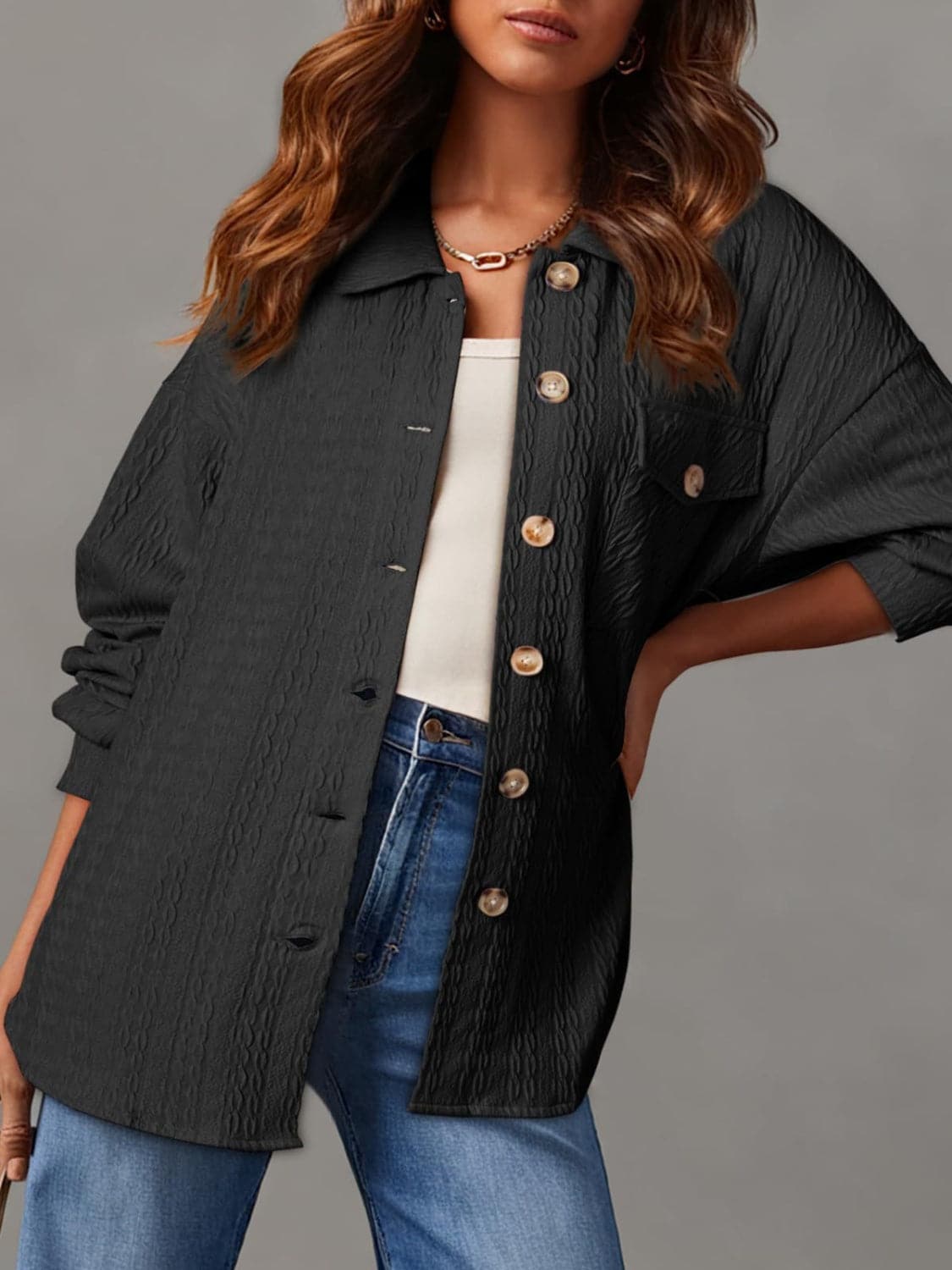 Stylish textured long sleeve button-up shacket