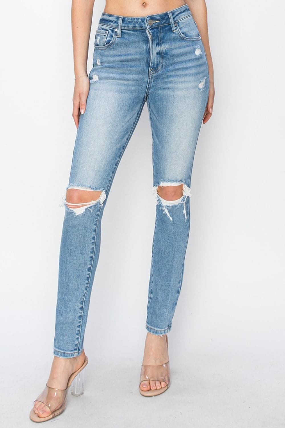 Risen Full Size High Rise Knee Distressed Skinny Jeans.